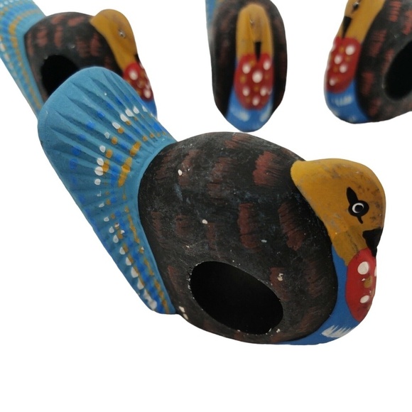 Set Of 6 Vintage 70s Hand painted Wooden Turkey Birds Napkin Ring Holders - Picture 6 of 12